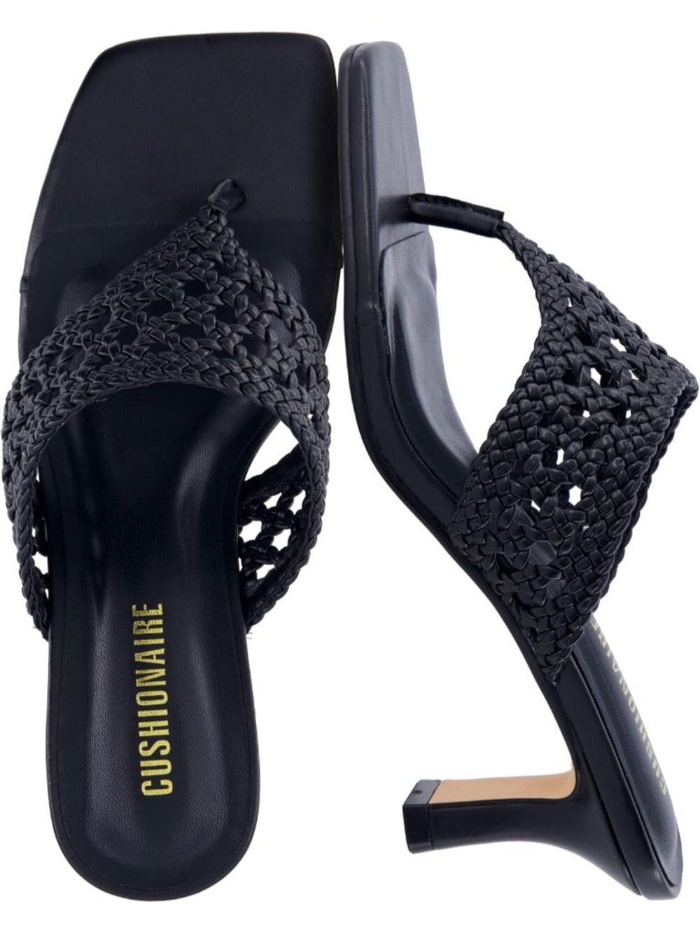 Women's Black Square Toe Woven Braided Spryte Flared Slip On Mule Kitten Heels